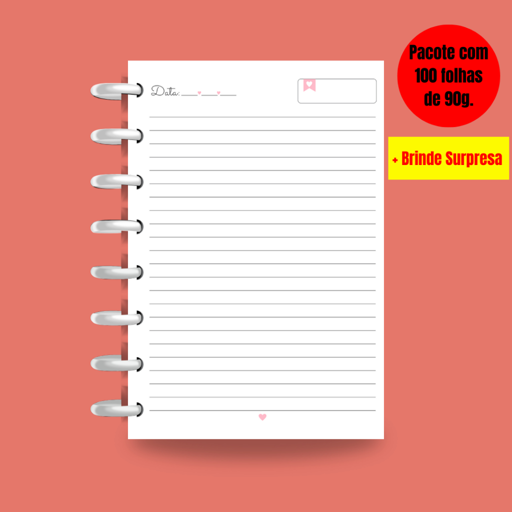 Refil para Caderno de Discos 100 Folhas PinkLine Material Escolar 2026 Folha Para Caderno de Disco