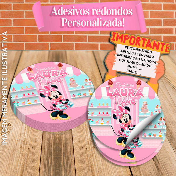 Adesivos Redondos Personalizados Minnie Confeiteira em Oferta na Shopee