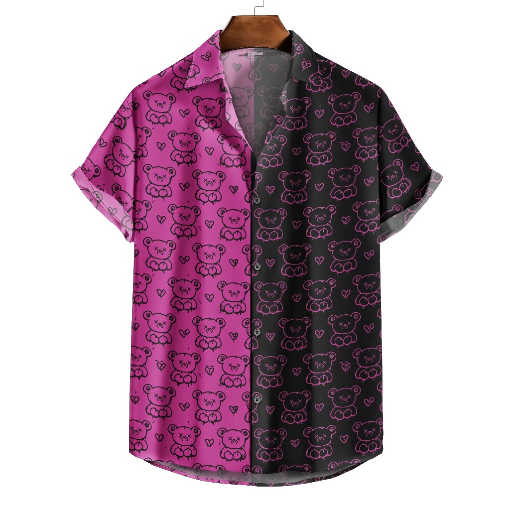 Camisa De Botão Rosa E Preta Ursos Estilo Grafite Pintura Love Death [Ref-155]