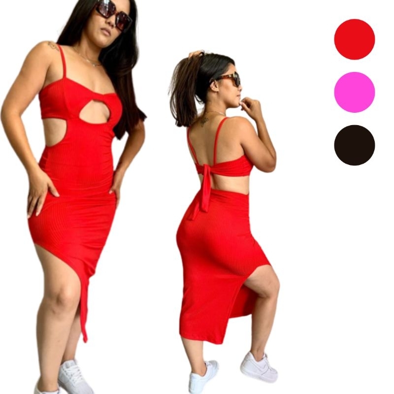 Vestido Canelado Midi Com Decote Vestido Com Fenda (Pink,Preto,Vermelho) - (M,G,GG)
