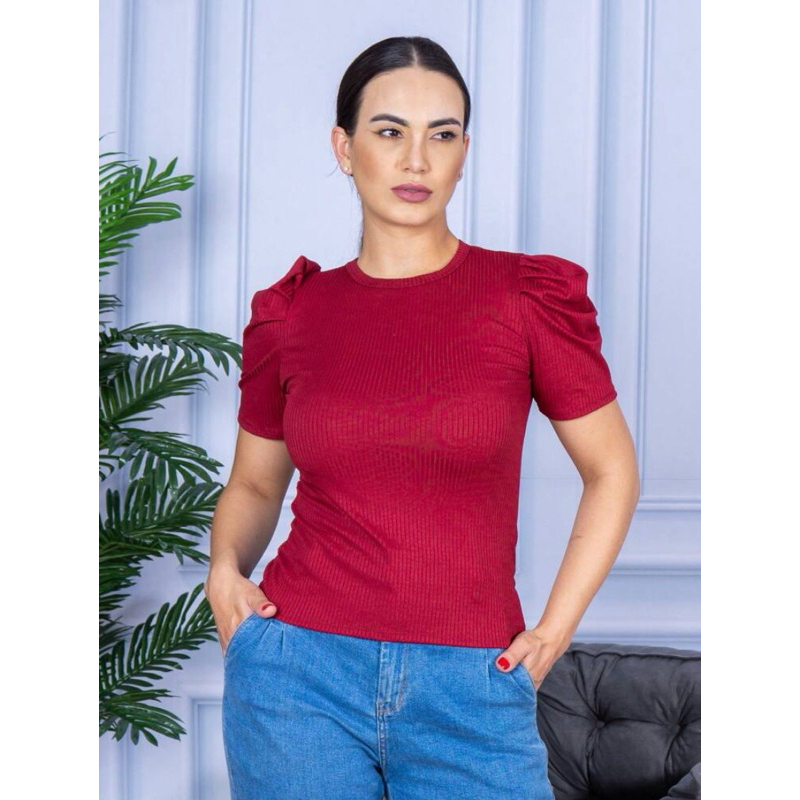 Blusa Feminina T-Shirt Bufante Manga Princesa Malha Canelada Com Elastano Tamanho Único