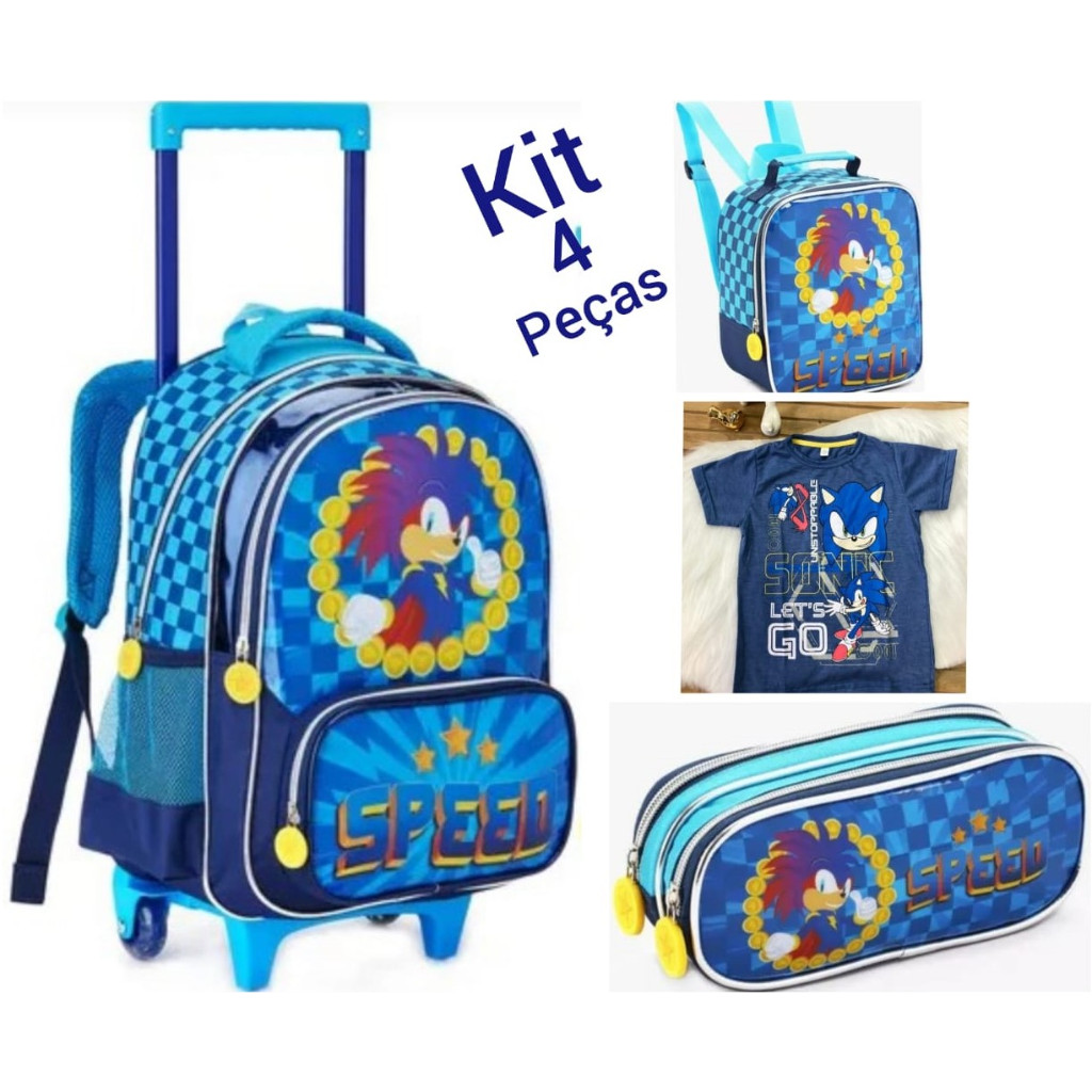 Kit 4 Peças Mochila com Rodinhas + Lancheira Térmica + Estojo Denlex Sonic + Camiseta Escolar Infantil Masculino Menino