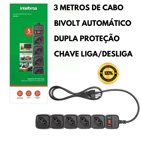 Filtro de Linha Intelbras 5 Tomadas  Epe 205+ 3 M Preto