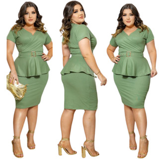 Vestido Feminino Midi Lápis Festa Chique Secretária Com Cinto Moda Evangélica Plus Size Elegante Peplum