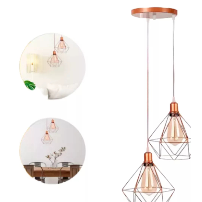 2 Pendentes Lustre Luminarias Diamante Aramado Duplo Canopla Única Rose Gold Cabo Regulavél