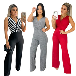 Macacão Regata Canelado Pantalona com Decote V em Oferta na Shopee