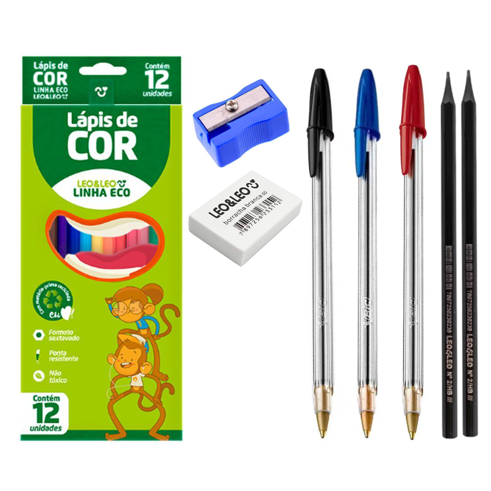 Kit Escolar Básico: 1 Caixa de Lapis de Cor Leo e Leo 12 Cores +  1 Caneta Bic Vermelha + 1 Caneta Bic Preta + 1 Caneta Bic Azul + 1 Apontador Simples + 1 Borracha n° 60 + 2 Lápis de Escrever Leo e Leo