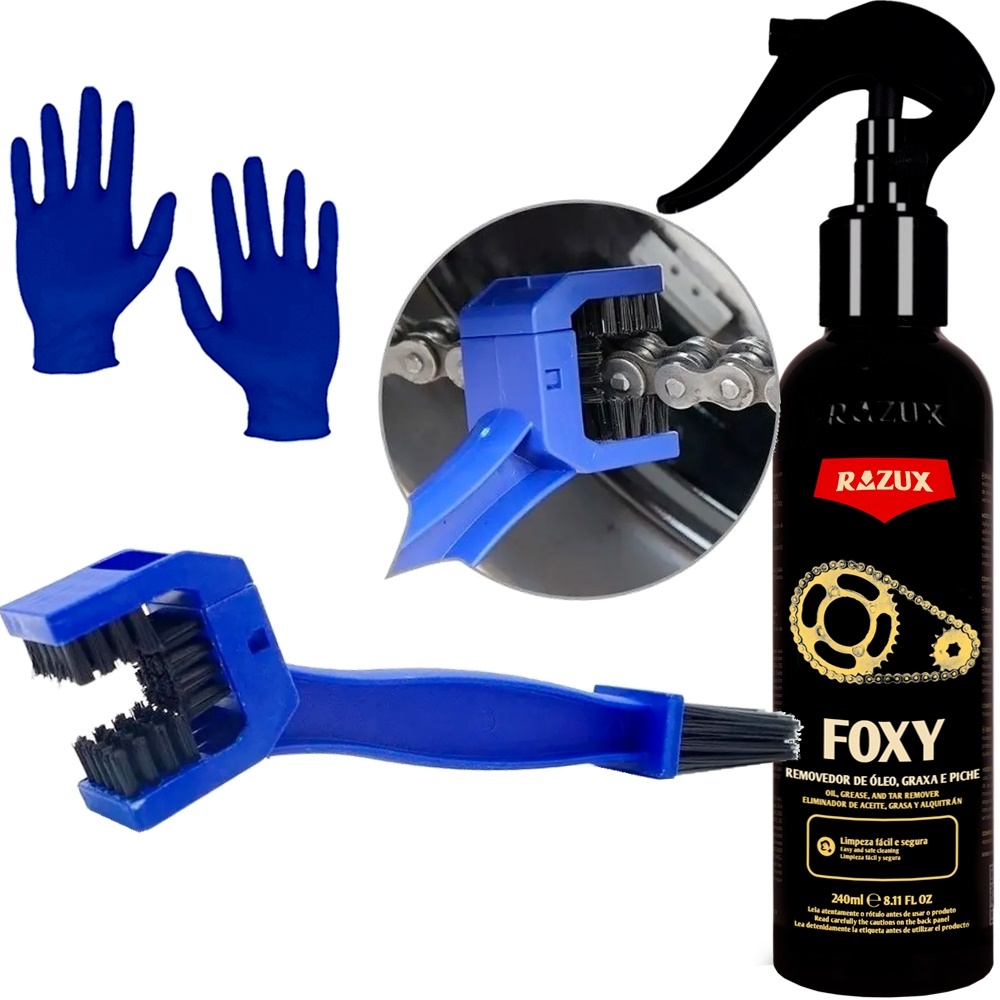 Foxy Razux Limpador de Corrente Motor Transmissão Desengraxante 240ml Escova Limpa Corrente Moto Bicicleta Karbox e Luva em Oferta na Shopee