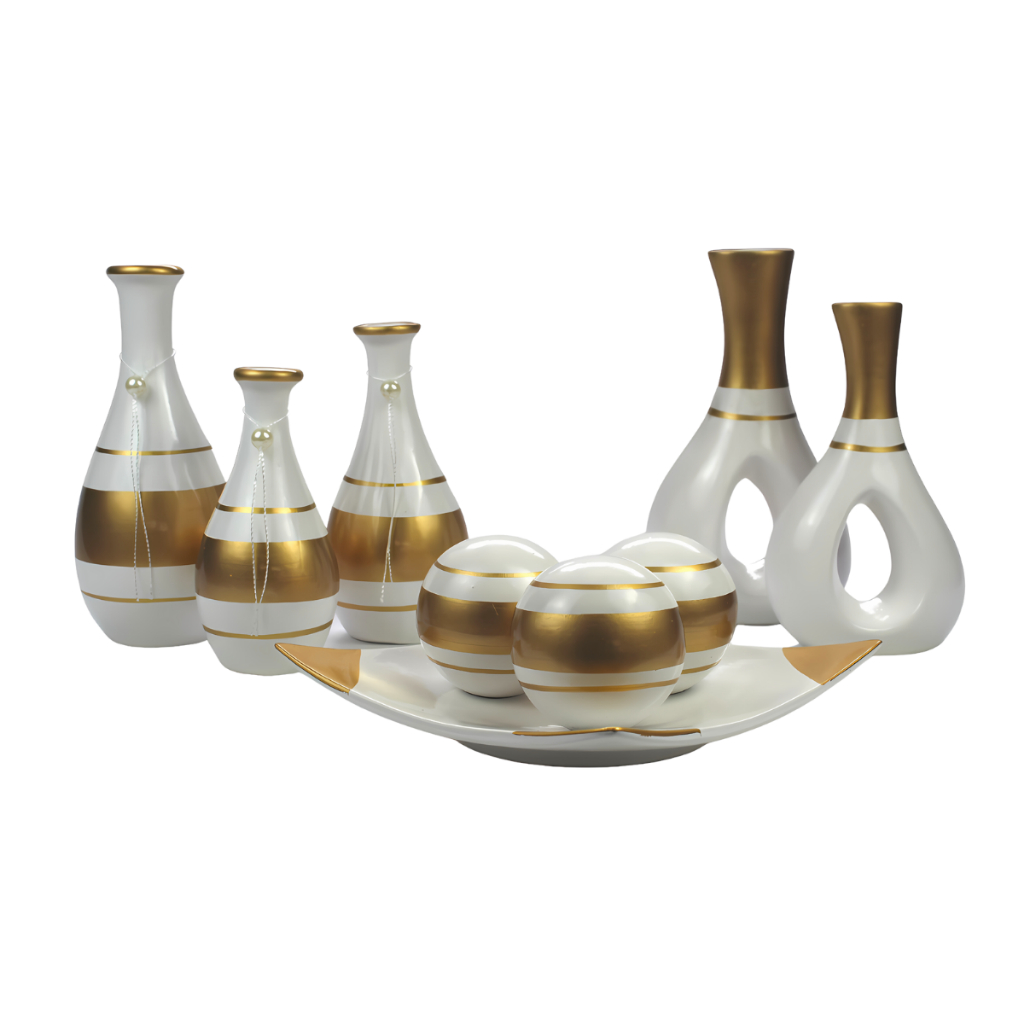 Conjunto De Vasos Enfeite Rack Sala Vasinho Decorativo - Branco Dourado