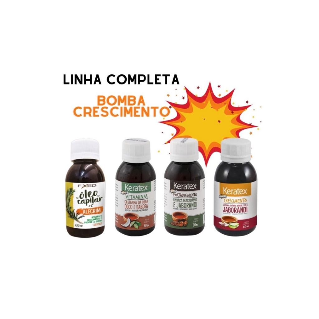 Kit 4 Oleos Tratamento Capilar BOMBA Crescimento Fortalecimento Vitamina e Controle Queda Alecrim Keratex Fixed 60ml