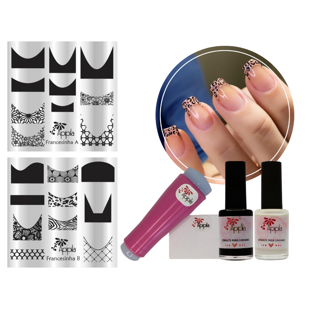 Kit Placas Francesinha A e B + Acompanha Carimbo e Esmaltes para Carimbo