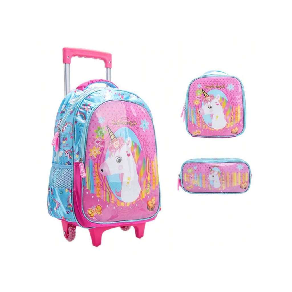 Mochila Infantil Escolar Menina Unicórnio Kit Escolar Mochila de Carrinho + Lancheira + Estojo Unicórnio Dream