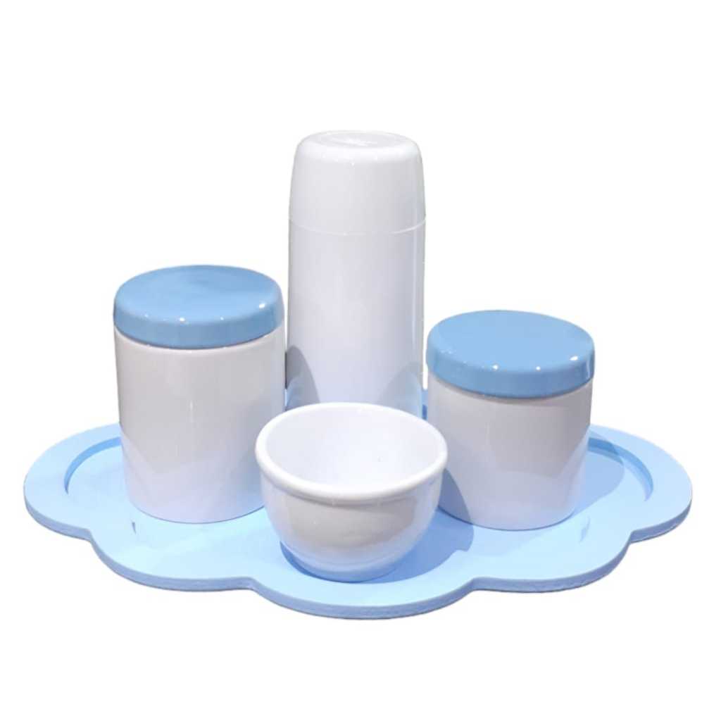 Kit Higiene bebê menino tampa bandeja nuvem azul maternidade potes garrafa térmica