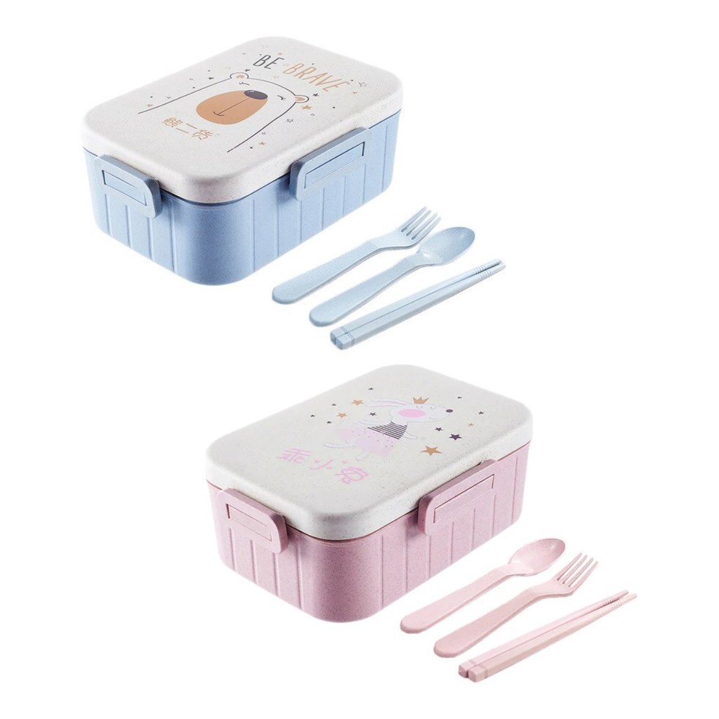 Lancheira Pote Marmita Com Divisória Escolar Infantil Lanche Com Talheres Colher Garfo Hashi Azul ou Rosa