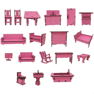 Kit 18 mini móveis montado rosa MDF para casinha de boneca