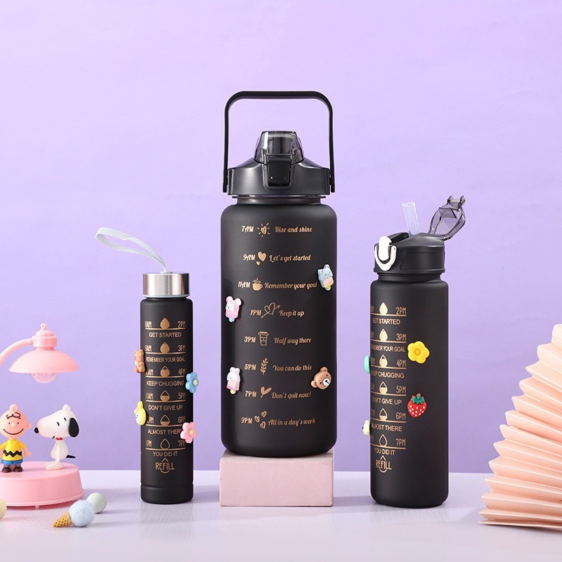 Kit 3 Garrafas Squeeze Preta com ou sem degradê 2L 900ml e 300ml com Adesivos 2D e 3D Academia Escola Treino Antivazamento ohf