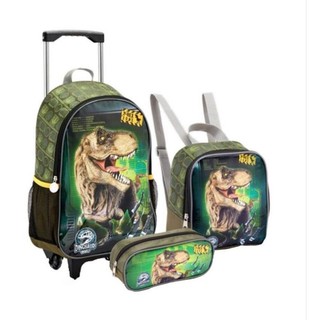 Mochila Kit 3pçs infantil c/ roda+ lancheira + Estojo Rex Dinossauro