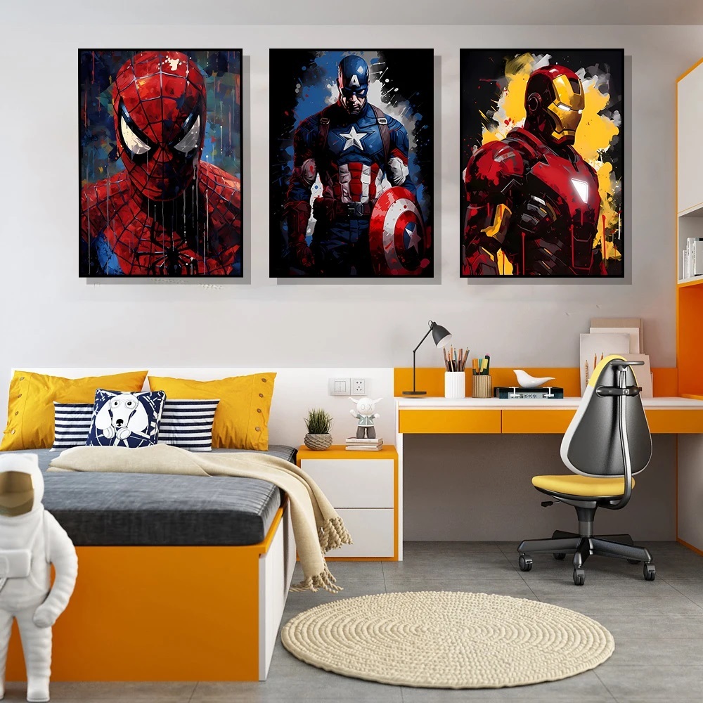 Kit 3 Quadros Decorativos Heróis Marvel – Spider-Man, Captain America e Iron Man | Decoração Moderna Geek Sala/Quarto