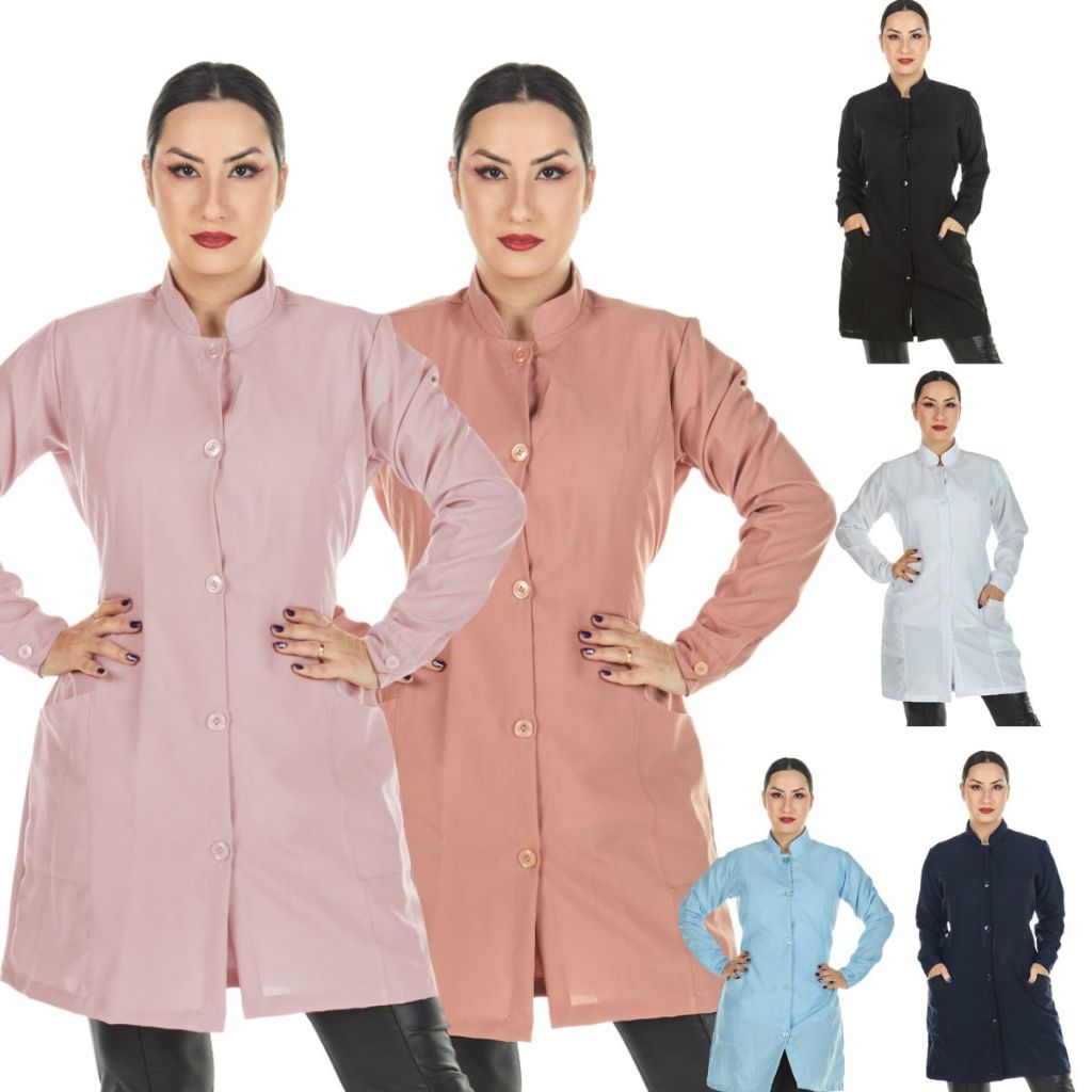 Jaleco Feminino Oxford Básico Botões Manga Longa Varias Cores Profissional Nail Designer Clínica Consultório Estudante