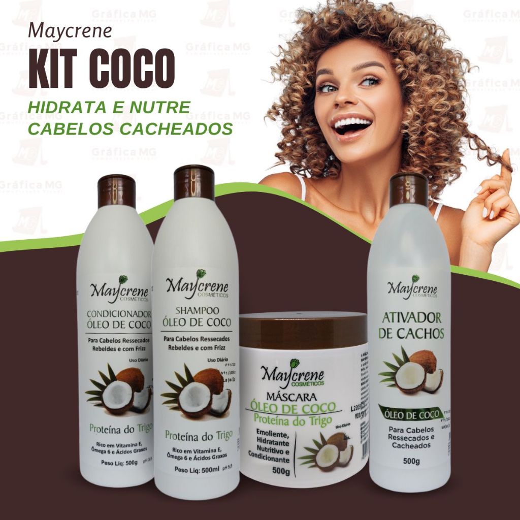 Kit Cacheados Óleo De Coco com Ativador de Cachos Maycrene 4 Prod (Shampoo, Condicionador, Máscara e Ativador de Cachos)