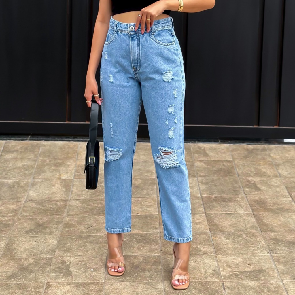kissmelady 8122 Calça Jeans Feminina  Mom Calca  Jeans rasgados  8122