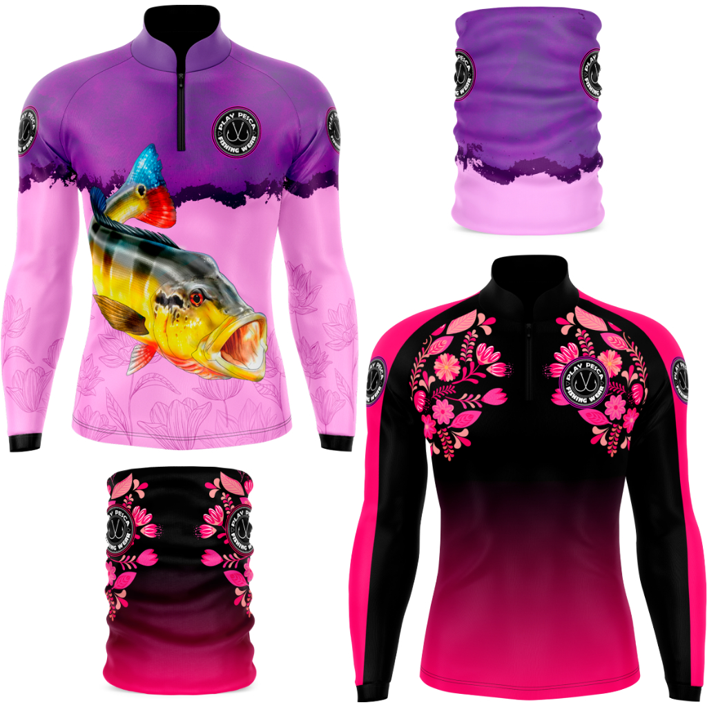 CAMISA CAMISETA DE PESCA KIT GIRLS 05 E TUCUNARÉ FEMININA + BANDANAS FEMININA PROTEÇÃO SOLAR UV50+