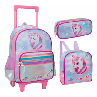 Kit Mochila C/ Rodas Infantil Unicornio Fantastic Lancheira E Estojo