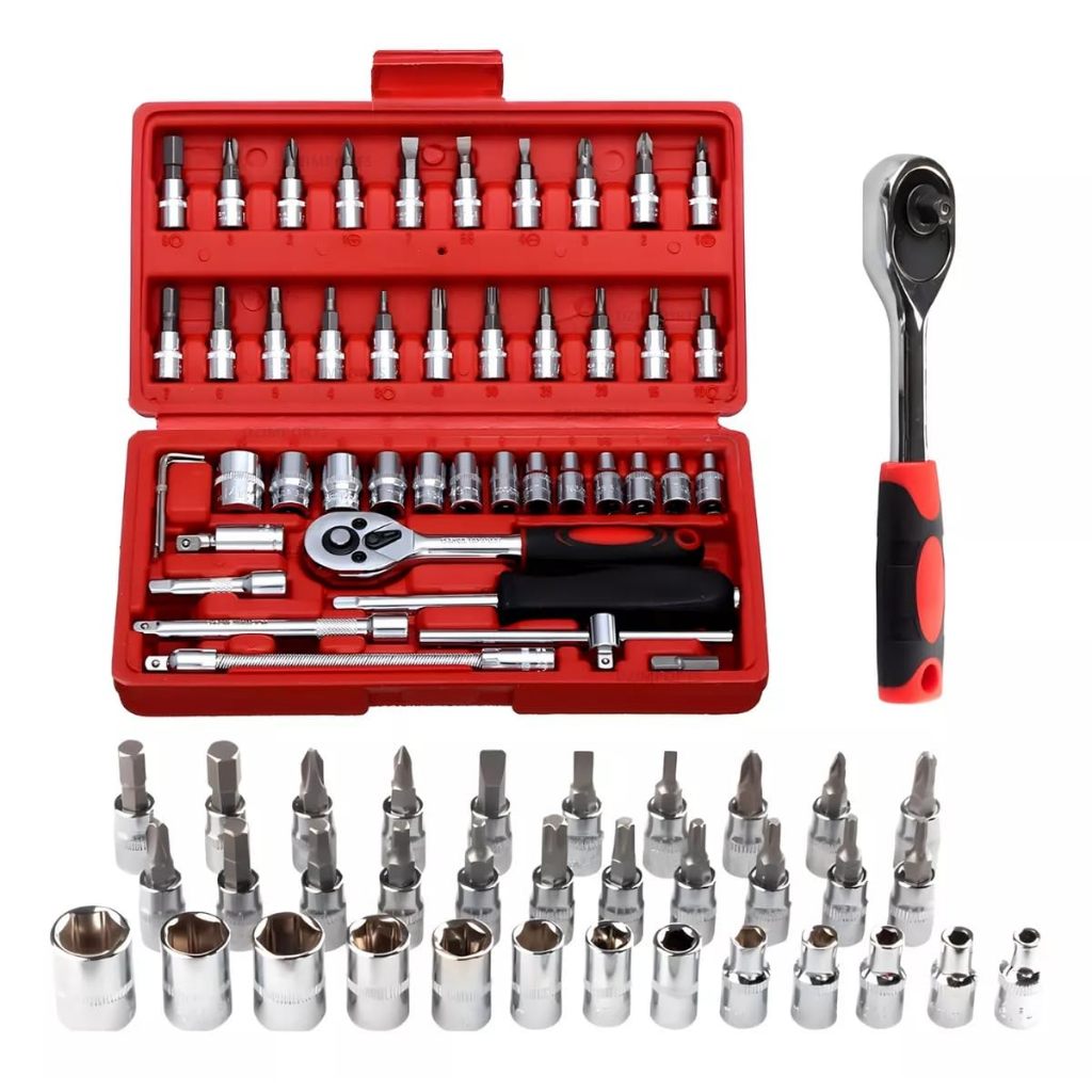 Jogo de Soquete 46 Peças e Chave Catraca com Maleta Kit Chave de Fenda, Chave Catraca Reversivel, Chave Phillips, Sextavado, Allen, Torx, Adaptador e Extensão