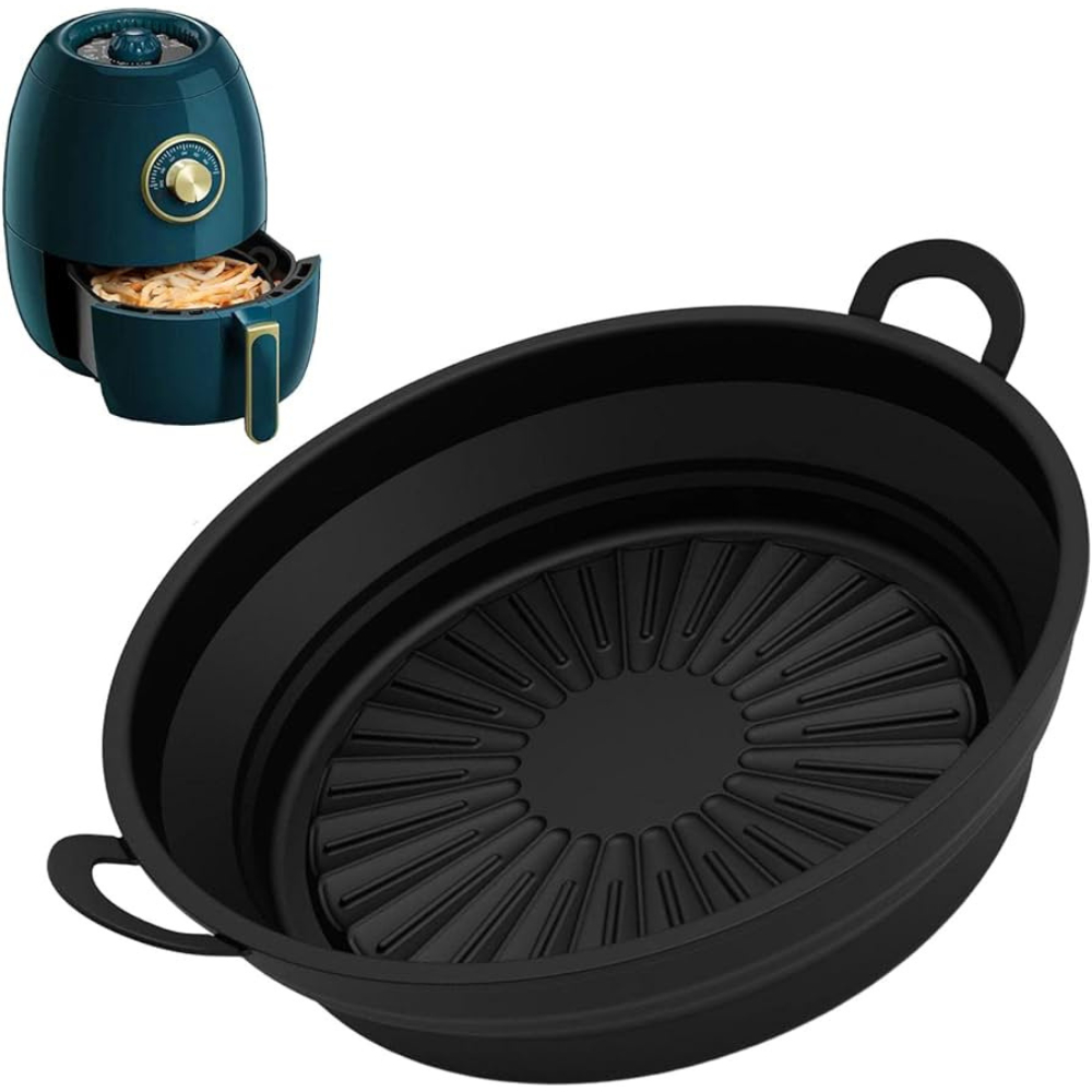Forma DOBRAVEL E REFORÇADA Para Air Fryer Resistente em Silicone Redonda Preto Com Alças em Oferta na Shopee