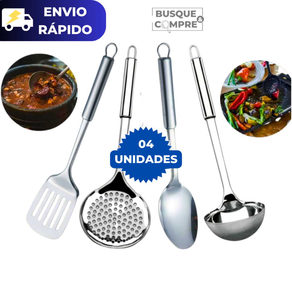 Kit 4 Peças Utensilios de Inox para Cozinha Colher Espumadeira para Arroz Espatula Concha Feijao