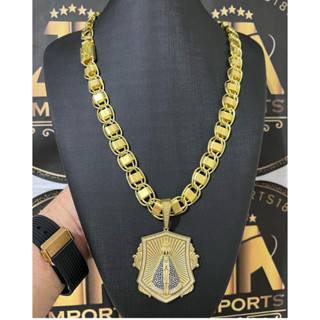 Corrente dubai 15mm 70cm e pingente nossa senhora aparecida de moeda antiga pura