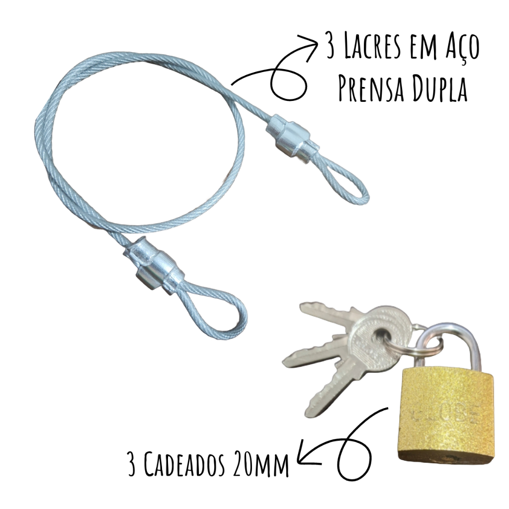 3 Lacre em Aço prensa Dupla 35cm + 3 Cadeado 20mm - Mala Bagagen Capacete Bike