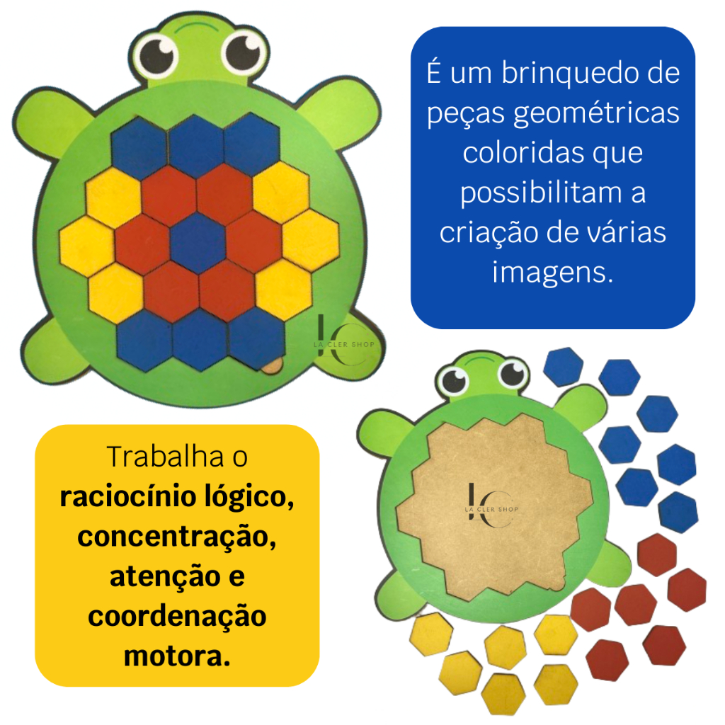 Quebra Cabeça Mosaico Tartaruga em madeira MDF Brinquedo Educativo