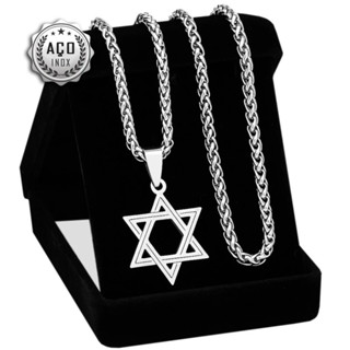 Colar Masculino Corrente Masculina Cor Prata Aço Inoxidável Estrela De Davi Cordão Aço Cirúrgico Presente Namorado Amigo Pai Gospel Moda