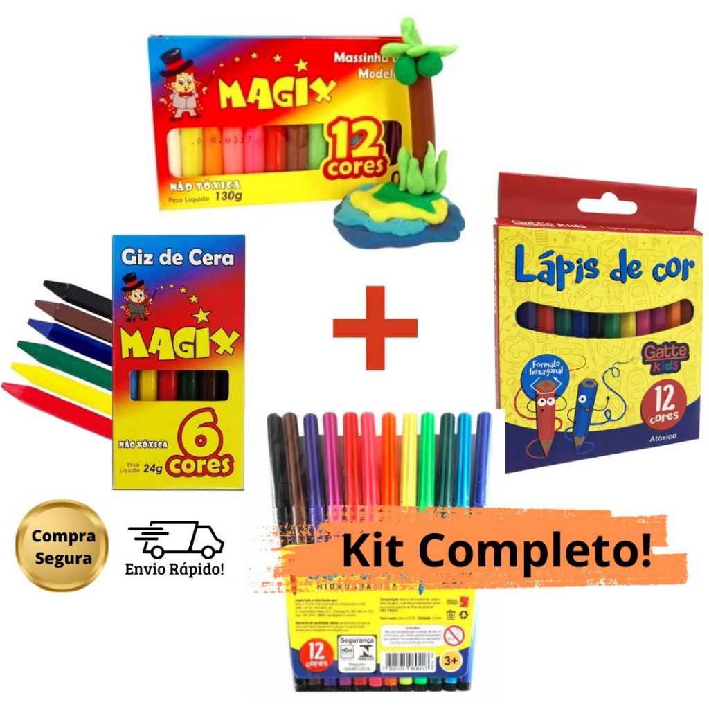 Canetinha Colorida Hidrográfica 12 Cores e Lápis de Cor 12 Cor Curto e Giz de Cera 6 Cores e Massinha de Modelar 12 Cor