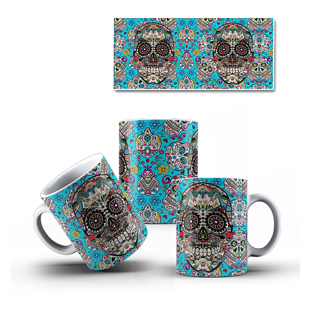 Caneca Porcelana Caveira Mexicana Decorada Mol.20 Cultura Mexicana - 1 Unidade 325ml + Caixinha