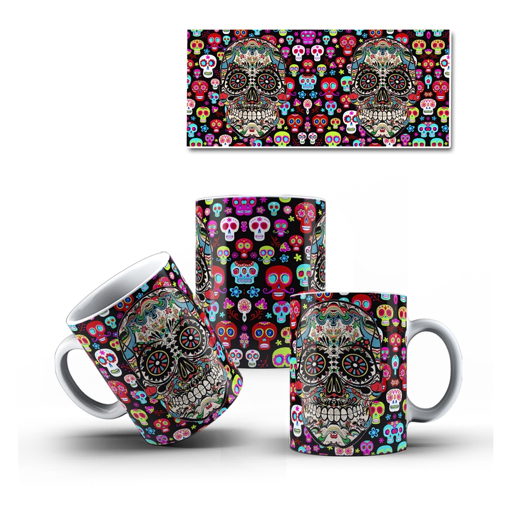 Caneca Porcelana Caveira Mexicana Decorada Mol.21 Cultura Mexicana - 1 Unidade 325ml + Caixinha