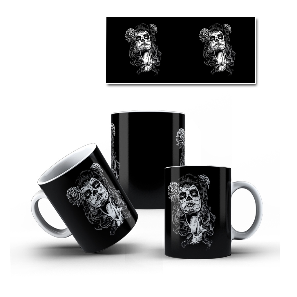 Caneca Porcelana Caveira Mexicana Woman Mulher Decorada Mol.23 Cultura Mexicana - 1 Unidade 325ml + Caixinha