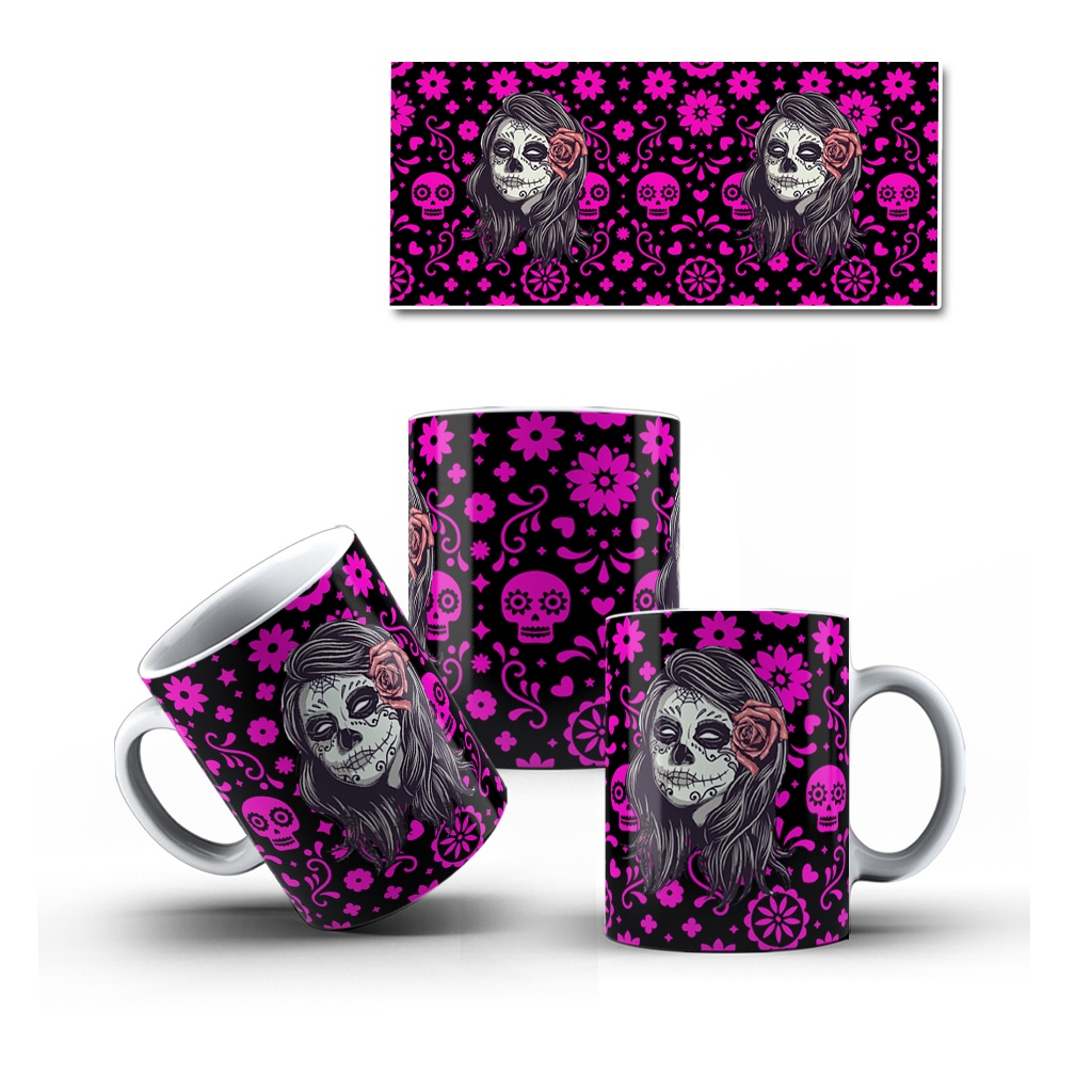 Caneca Porcelana Caveira Mexicana Woman Mulher Decorada Mol.24 Cultura Mexicana - 1 Unidade 325ml + Caixinha