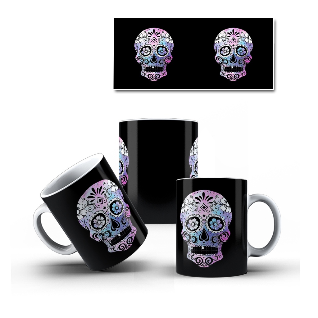 Caneca Porcelana Caveira Mexicana Decorada Mol.32 Cultura Mexicana - 1 Unidade 325ml + Caixinha