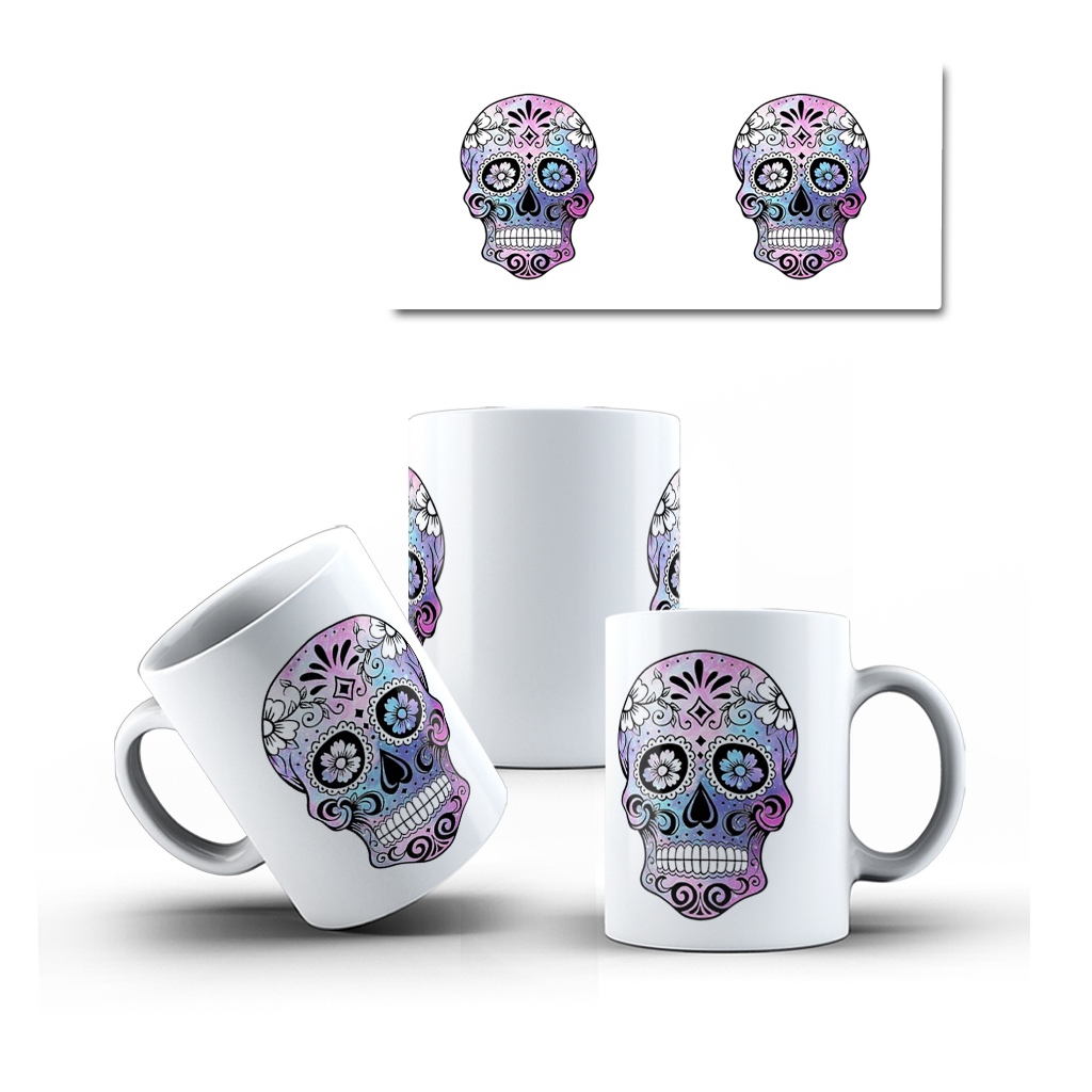 Caneca Porcelana Caveira Mexicana Decorada Mol.33 Cultura Mexicana - 1 Unidade 325ml + Caixinha