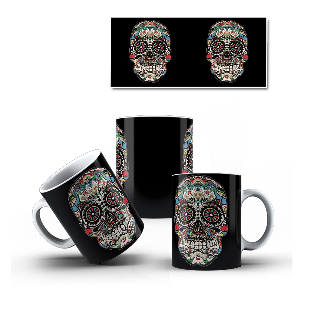 Caneca Porcelana Caveira Mexicana Decorada Mol.36 Cultura Mexicana - 1 Unidade 325ml + Caixinha