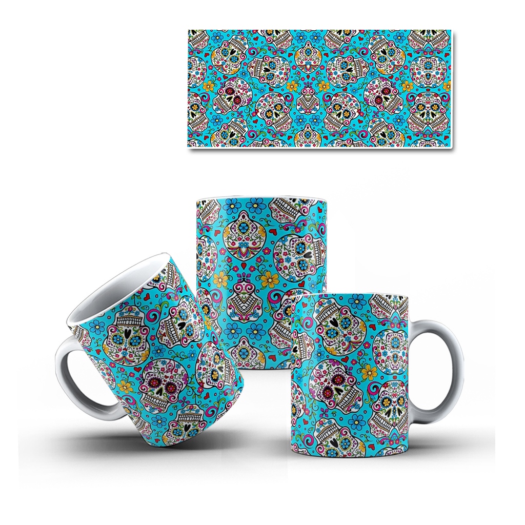 Caneca Porcelana Caveira Mexicana Decorada Mol.38 Cultura Mexicana - 1 Unidade 325ml + Caixinha