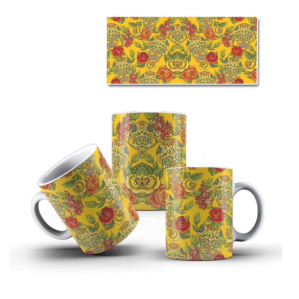Caneca Porcelana Caveira Mexicana Decorada Mol.39 Cultura Mexicana - 1 Unidade 325ml + Caixinha