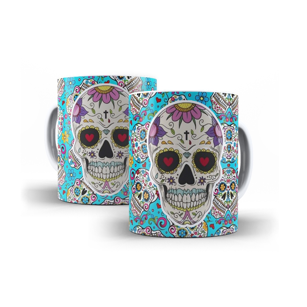 Caneca Porcelana Caveira Mexicana Decorada Mol.43 Cultura Mexicana - 1 Unidade 325ml + Caixinha
