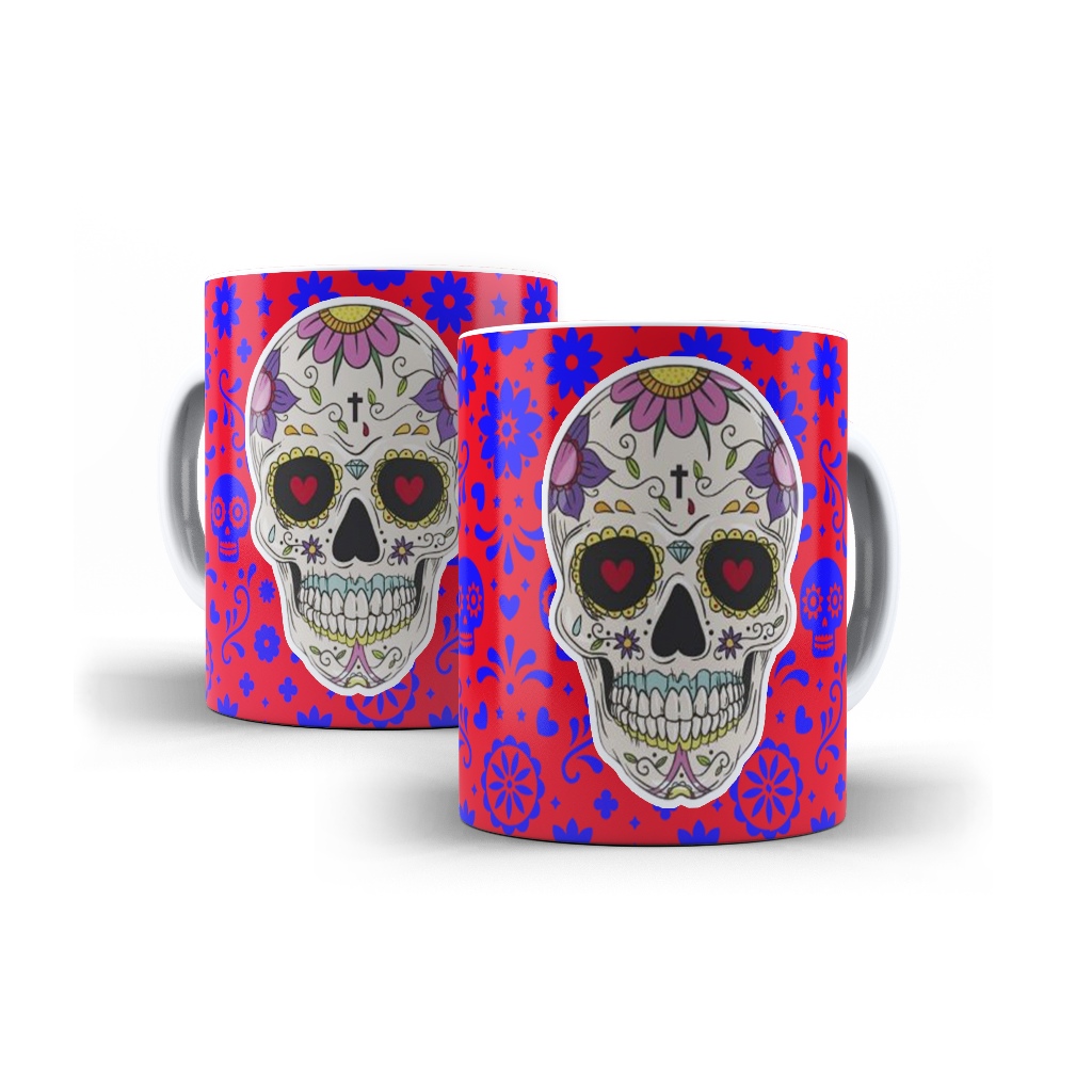 Caneca Porcelana Caveira Mexicana Decorada Mol.46 Cultura Mexicana - 1 Unidade 325ml + Caixinha