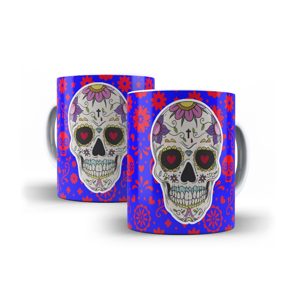 Caneca Porcelana Caveira Mexicana Decorada Mol.47 Cultura Mexicana - 1 Unidade 325ml + Caixinha