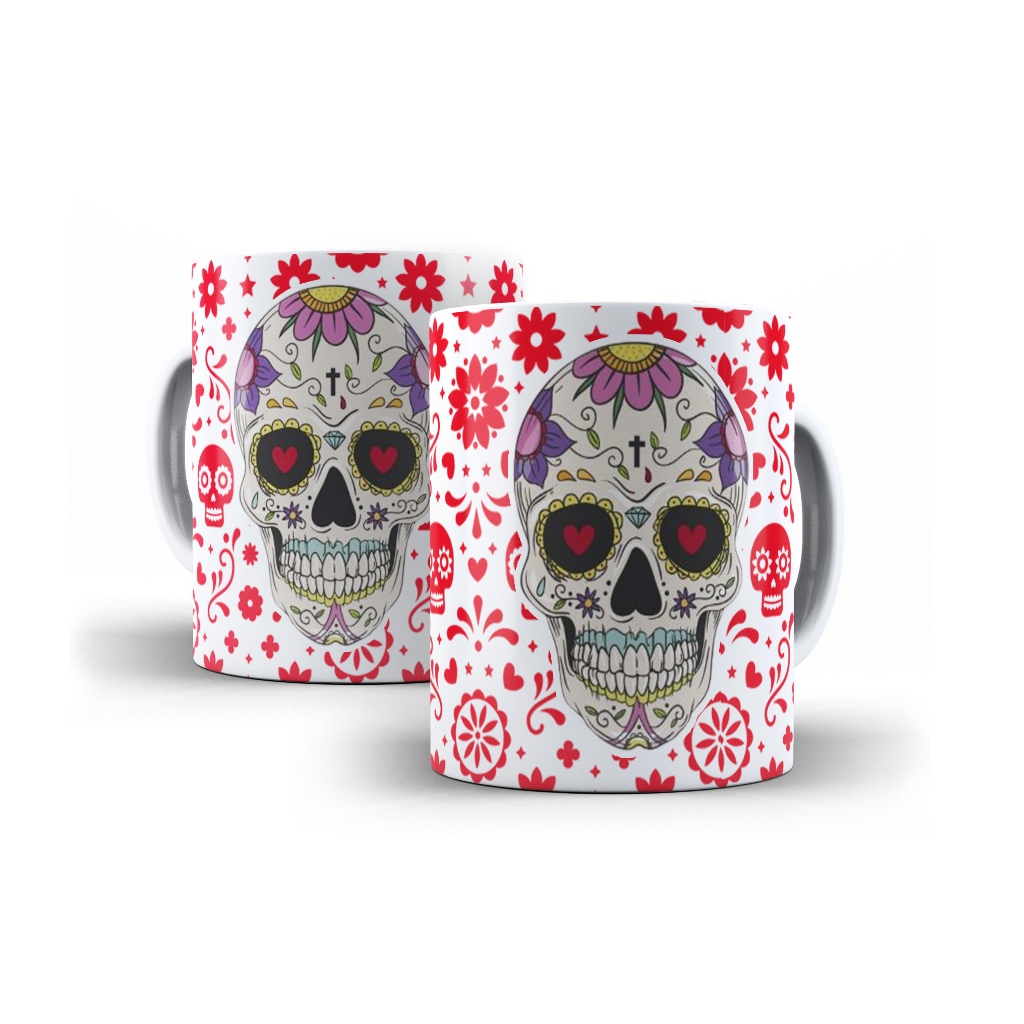 Caneca Porcelana Caveira Mexicana Decorada Mol.48 Cultura Mexicana - 1 Unidade 325ml + Caixinha