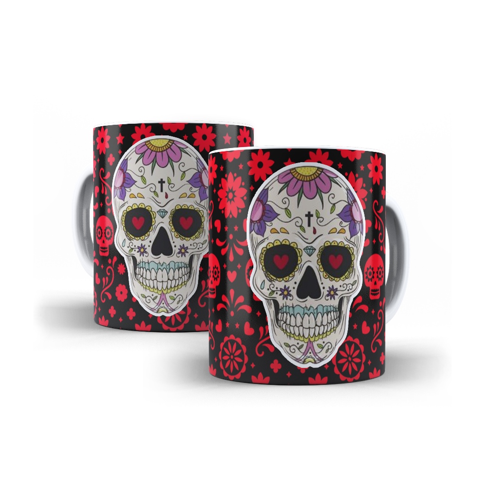 Caneca Porcelana Caveira Mexicana Decorada Mol.01 Cultura Mexicana - 1 Unidade 325ml + Caixinha