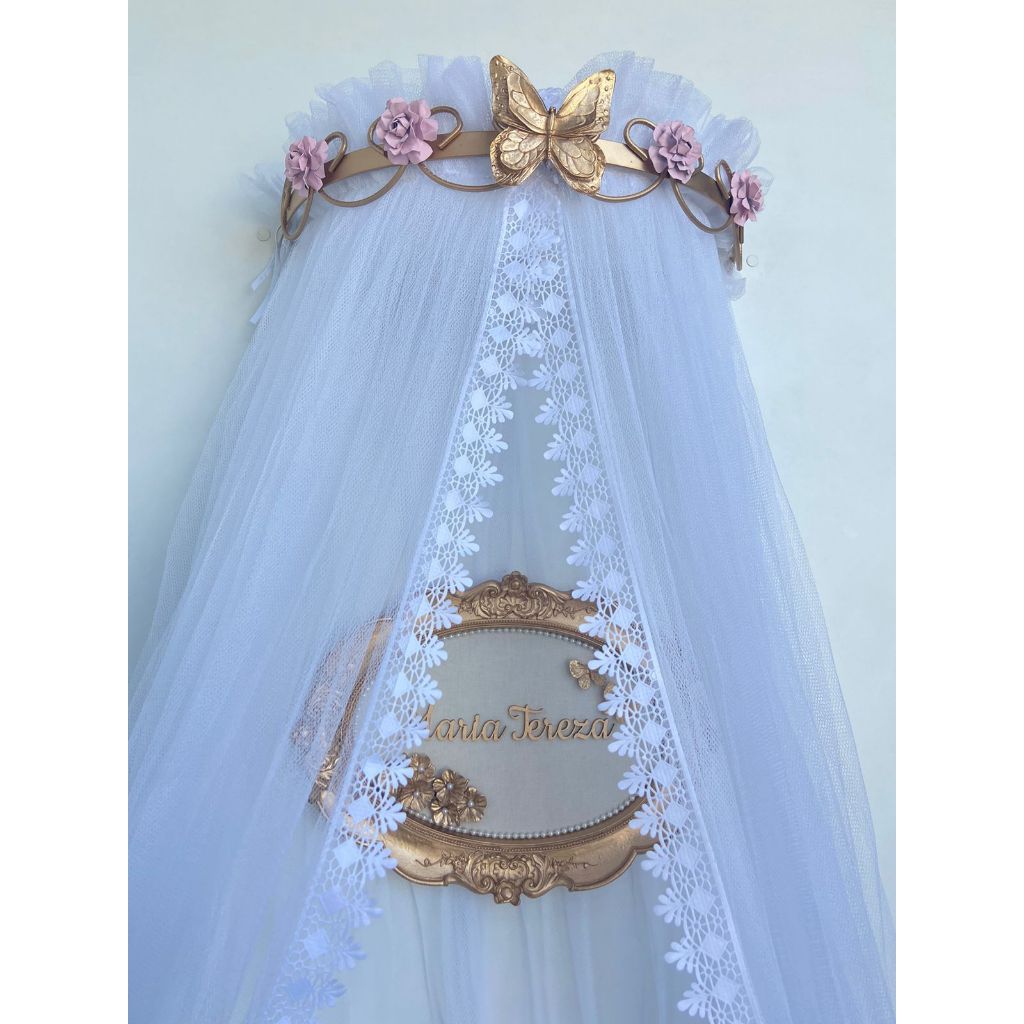 Dossel Arabesco Flor Rosa e Borboleta Dourada e Mosquiteiro em Tule